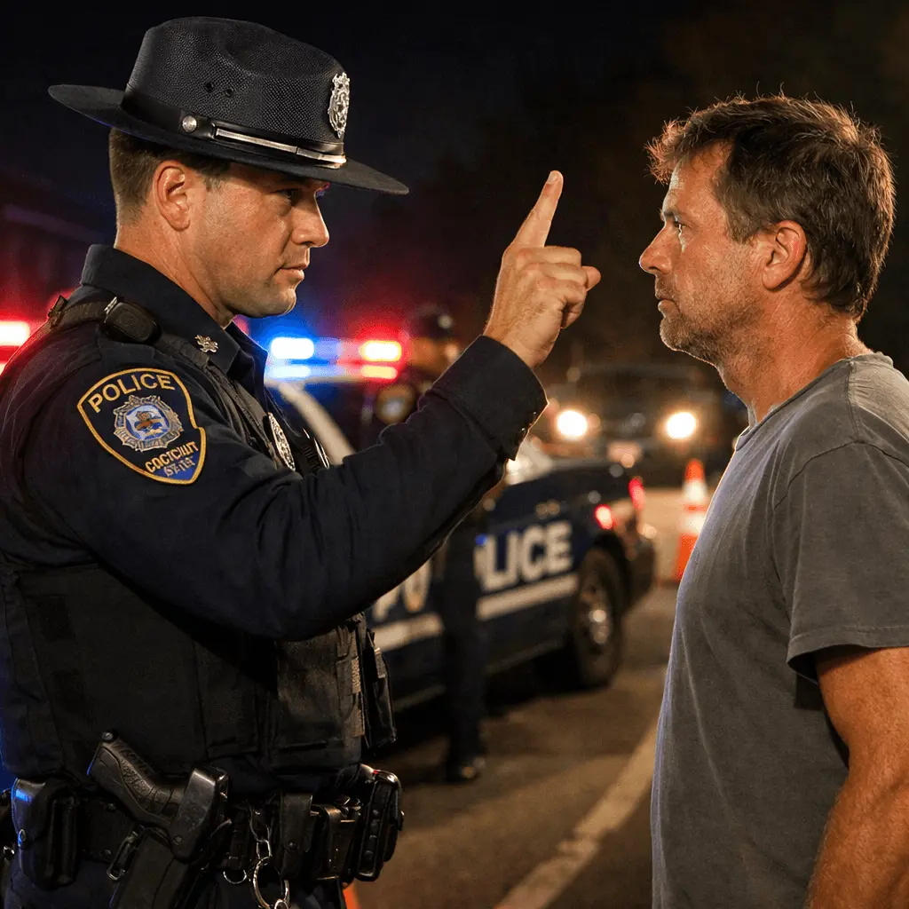 Connecticut DUI Lawyer observing a police officer conducting a field sobriety test during a nighttime DUI arrest scene